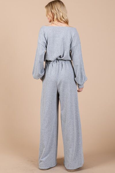 Ces Femme Boat Neck Long Sleeve Jumpsuit with Drawstring Detail