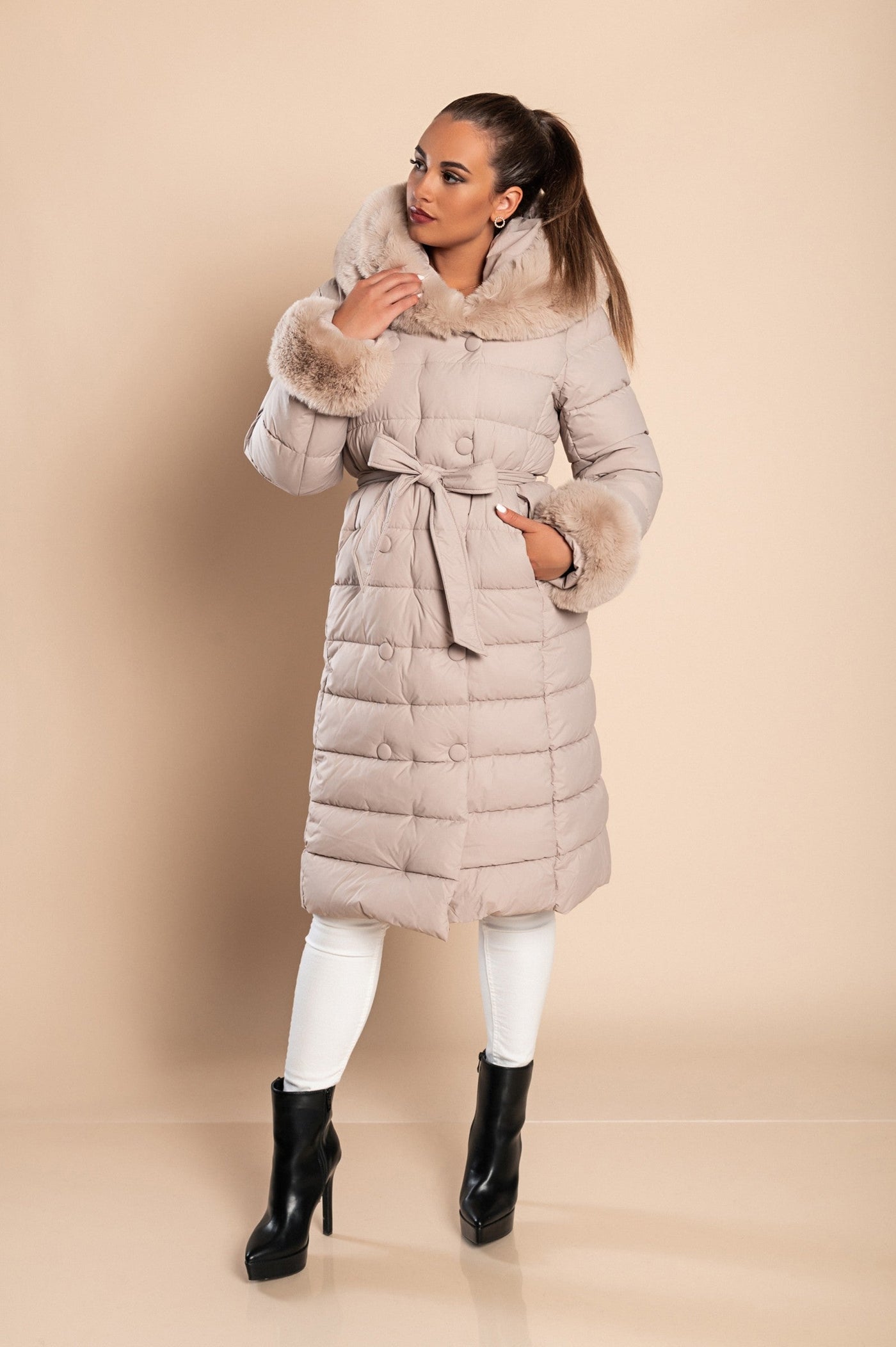 Long padded winter jacket with faux fur, beige