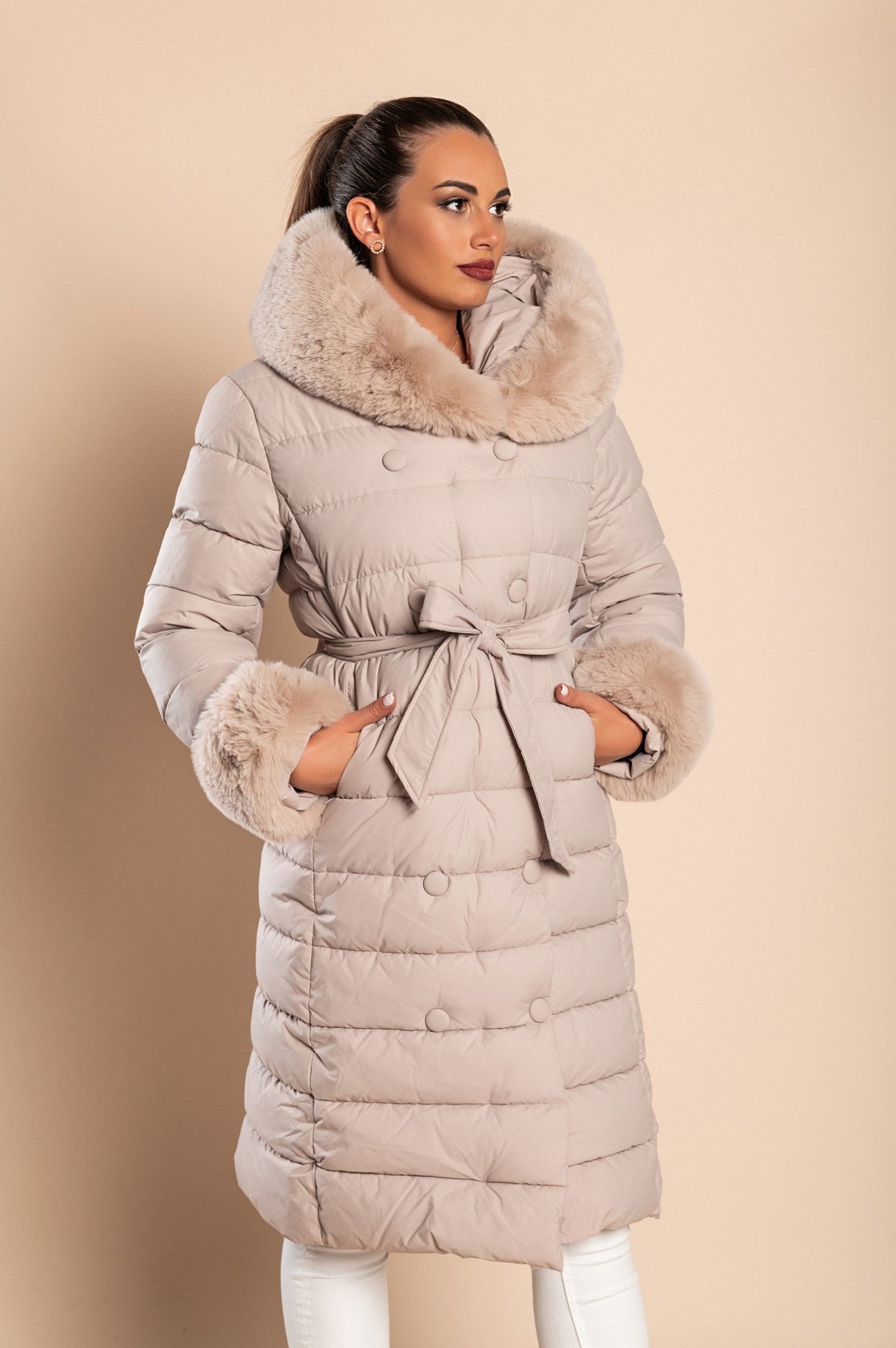 Long padded winter jacket with faux fur, beige