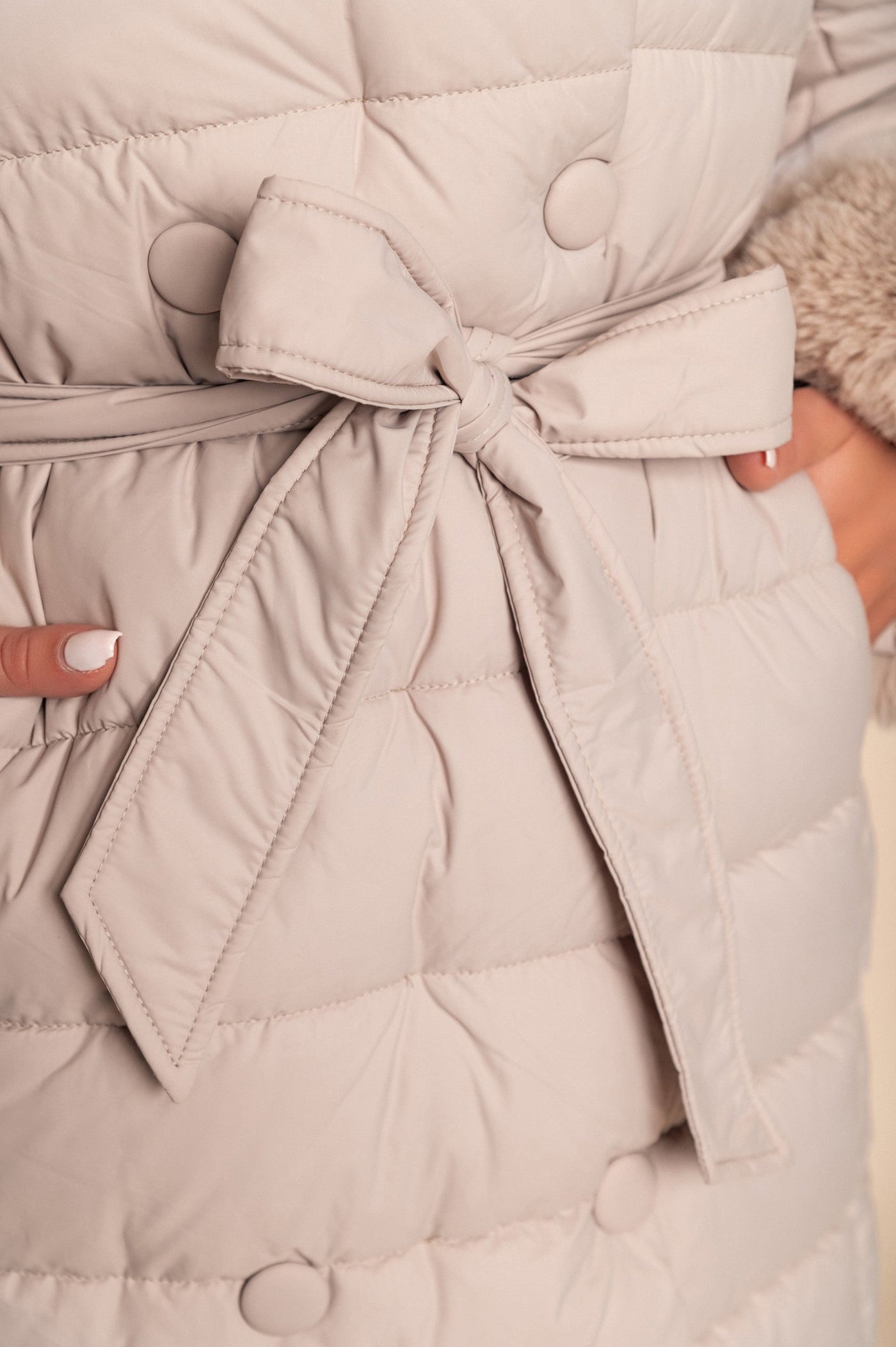 Long padded winter jacket with faux fur, beige