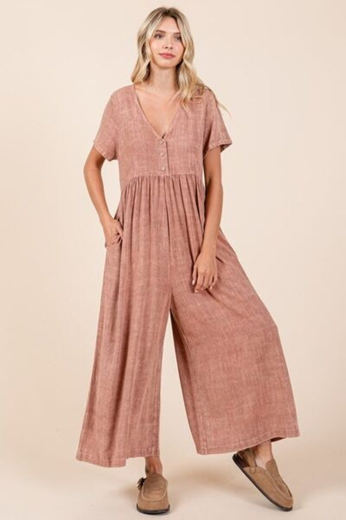 Mittoshop Mineral Wash Jumpsuit - Short Sleeve Flowy Wide Leg Design