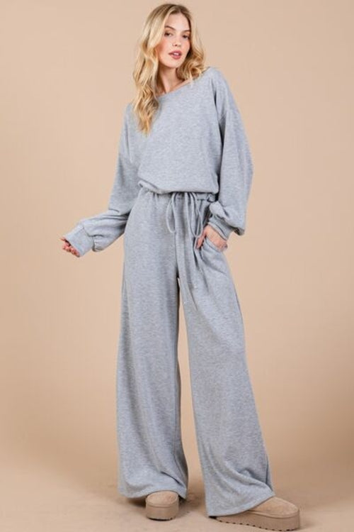 Ces Femme Boat Neck Long Sleeve Jumpsuit with Drawstring Detail