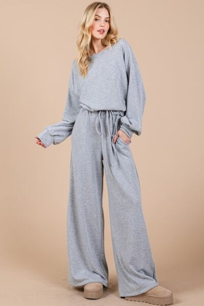 Ces Femme Boat Neck Long Sleeve Jumpsuit with Drawstring Detail