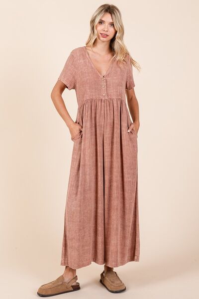 Mittoshop Mineral Wash Jumpsuit - Short Sleeve Flowy Wide Leg Design