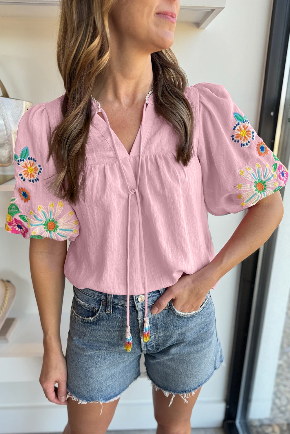 Puff Sleeve Split Neck Blouse