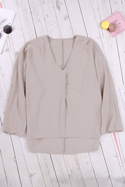 Elegant Apricot V Neck 3/4 Sleeve High Low Hem Shirt