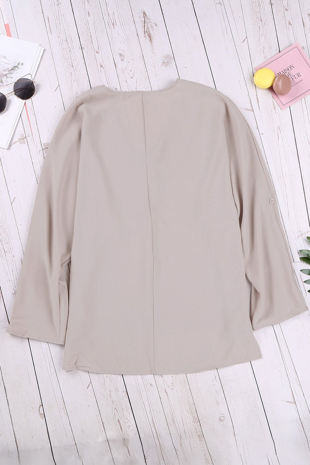 Elegant Apricot V Neck 3/4 Sleeve High Low Hem Shirt