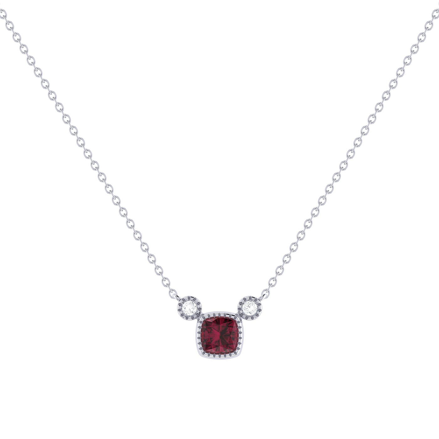 Cushion Cut Ruby & Diamond Birthstone Necklace In 14K White Gold