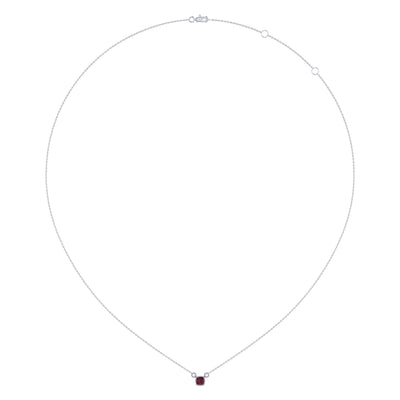 Cushion Cut Ruby & Diamond Birthstone Necklace In 14K White Gold