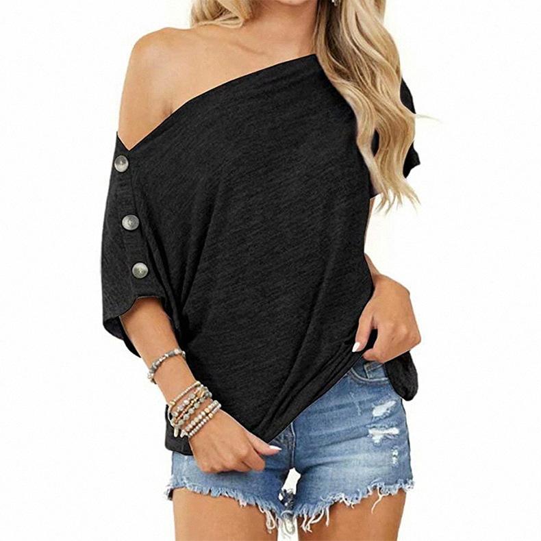 2021   New Women Tops off-Shoulder Button Short Sleeve T-shirt for