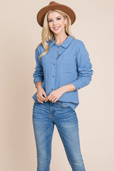 Textured Cotton Raw Edge Gauze Blouse Tops Shirts