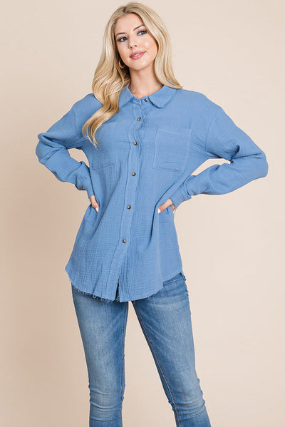 Textured Cotton Raw Edge Gauze Blouse Tops Shirts