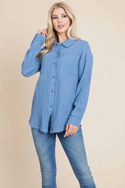 Textured Cotton Raw Edge Gauze Blouse Tops Shirts