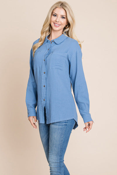 Textured Cotton Raw Edge Gauze Blouse Tops Shirts