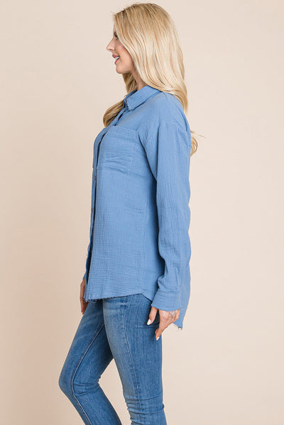 Textured Cotton Raw Edge Gauze Blouse Tops Shirts