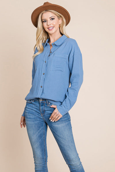 Textured Cotton Raw Edge Gauze Blouse Tops Shirts