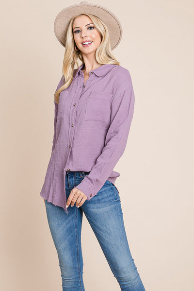 Textured Cotton Raw Edge Gauze Blouse Tops Shirts