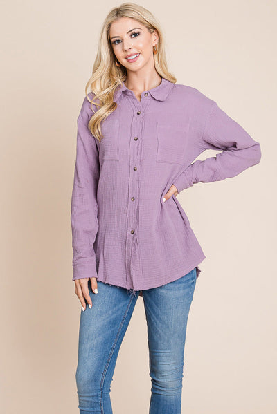 Textured Cotton Raw Edge Gauze Blouse Tops Shirts