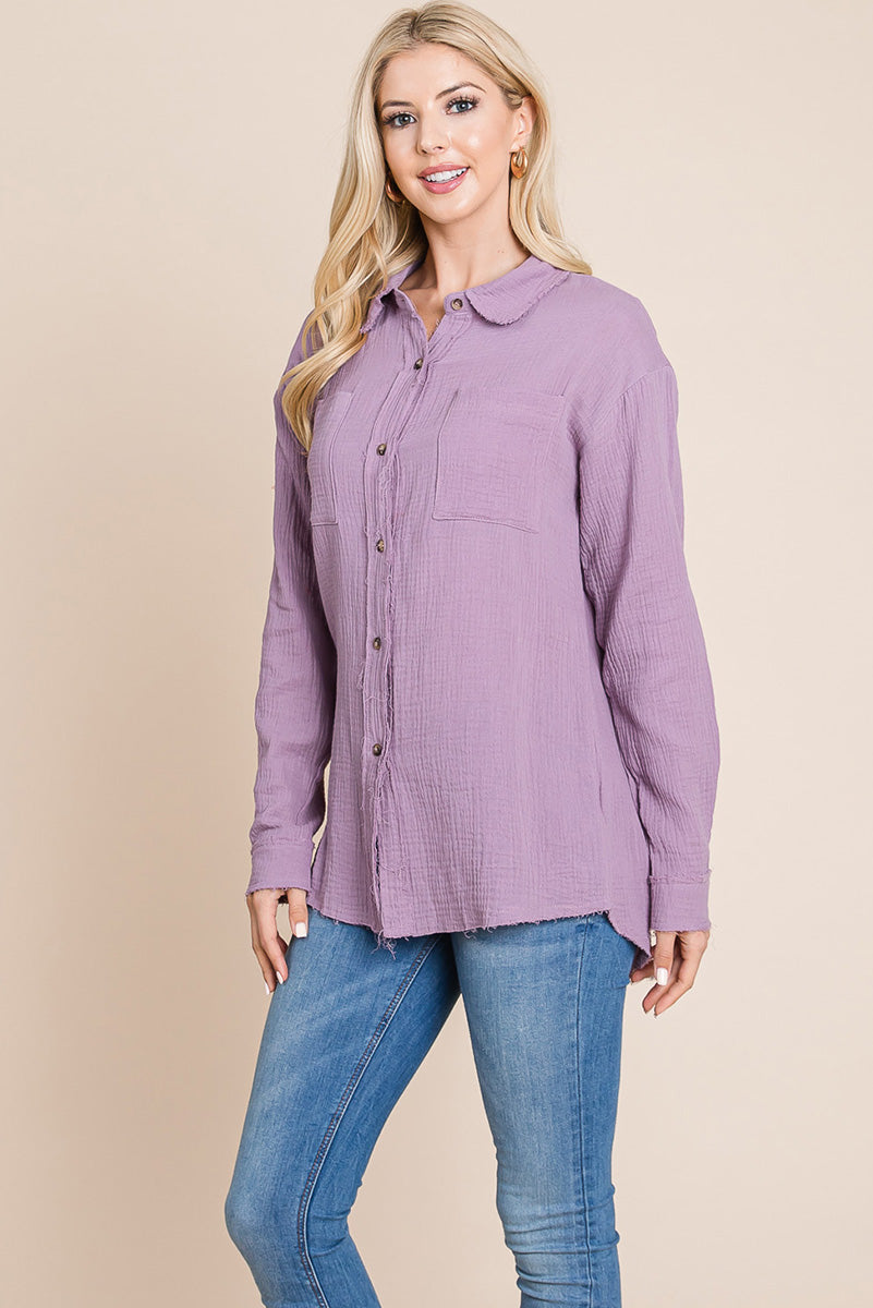 Textured Cotton Raw Edge Gauze Blouse Tops Shirts