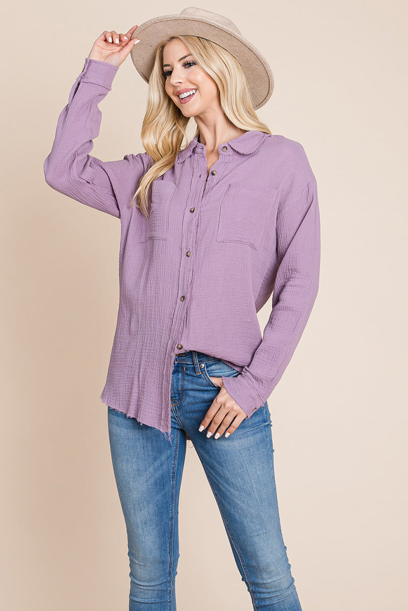 Textured Cotton Raw Edge Gauze Blouse Tops Shirts