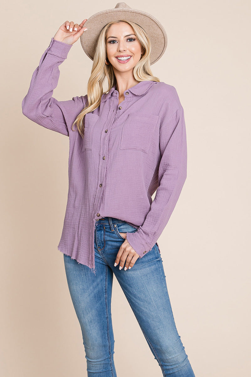 Textured Cotton Raw Edge Gauze Blouse Tops Shirts