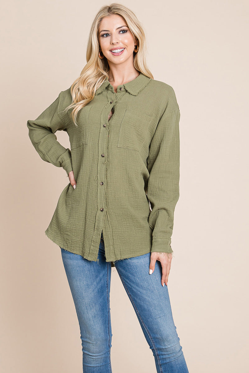 Textured Cotton Raw Edge Gauze Blouse Tops Shirts