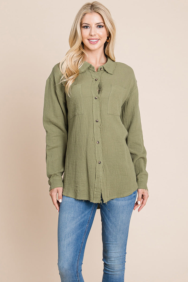 Textured Cotton Raw Edge Gauze Blouse Tops Shirts