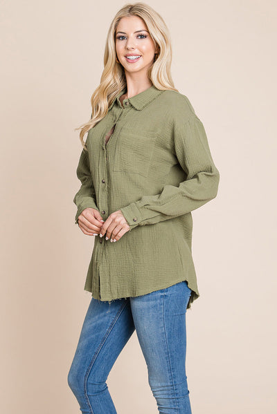 Textured Cotton Raw Edge Gauze Blouse Tops Shirts