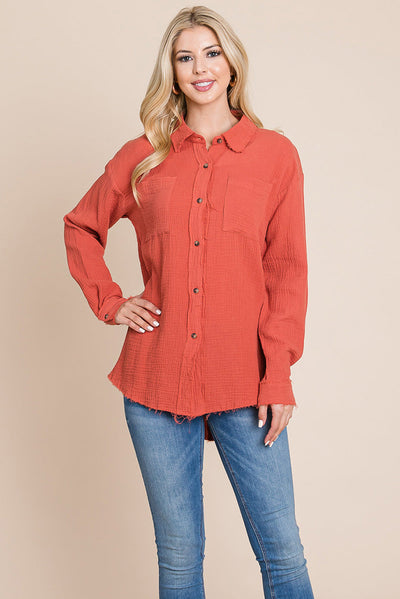 Textured Cotton Raw Edge Gauze Blouse Tops Shirts