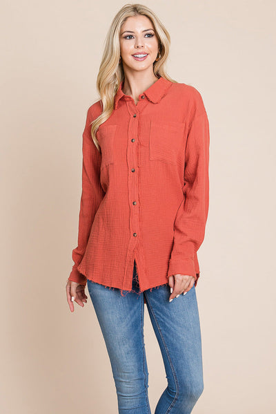 Textured Cotton Raw Edge Gauze Blouse Tops Shirts