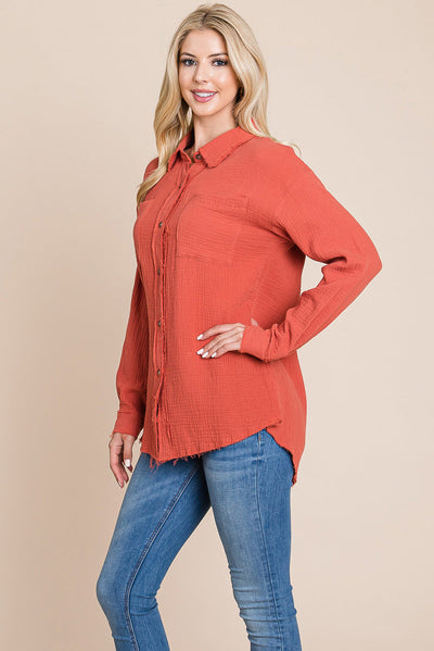 Textured Cotton Raw Edge Gauze Blouse Tops Shirts