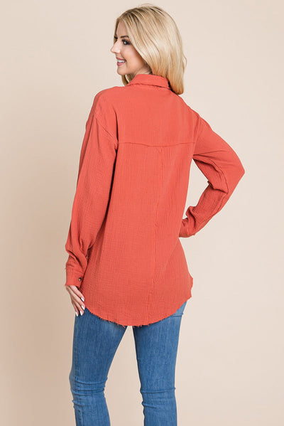 Textured Cotton Raw Edge Gauze Blouse Tops Shirts