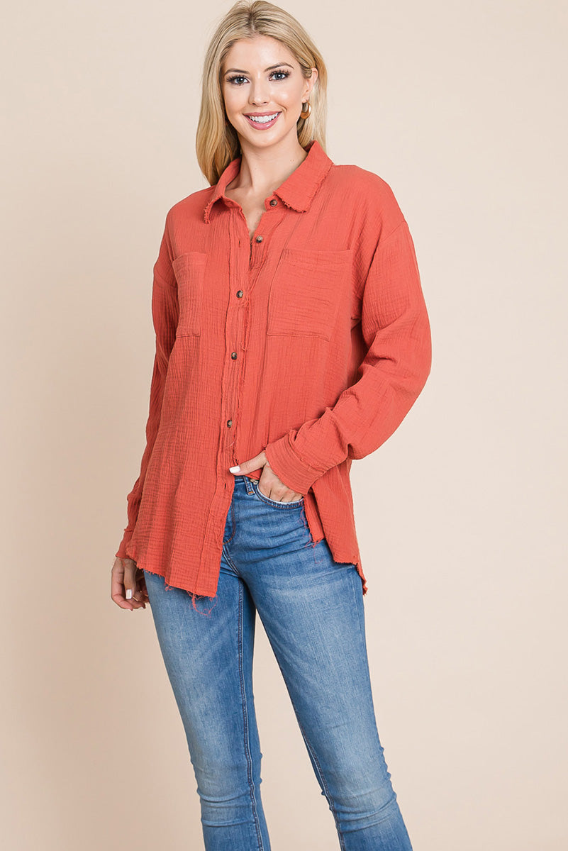 Textured Cotton Raw Edge Gauze Blouse Tops Shirts