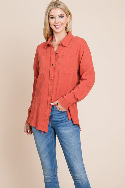 Textured Cotton Raw Edge Gauze Blouse Tops Shirts