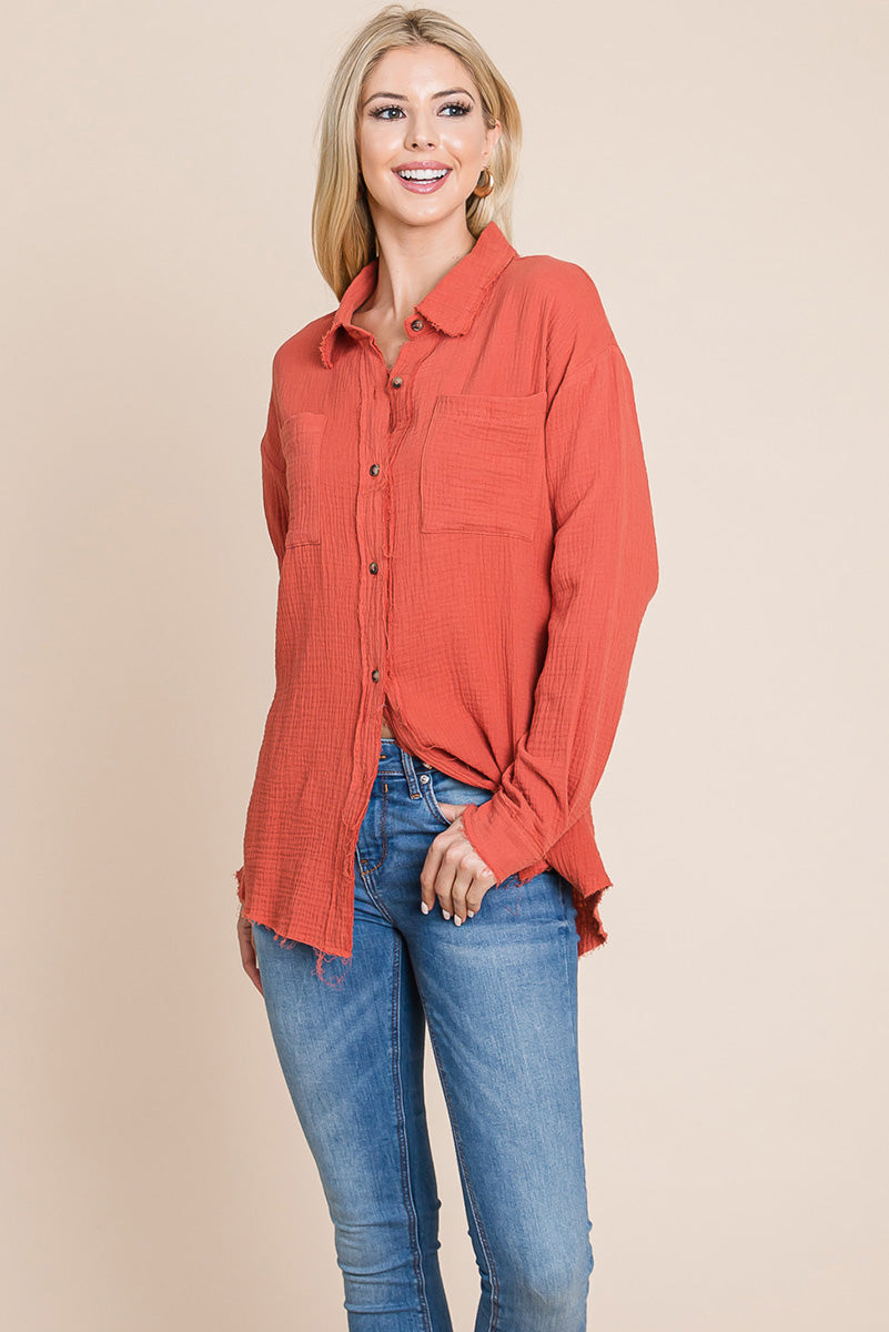 Textured Cotton Raw Edge Gauze Blouse Tops Shirts