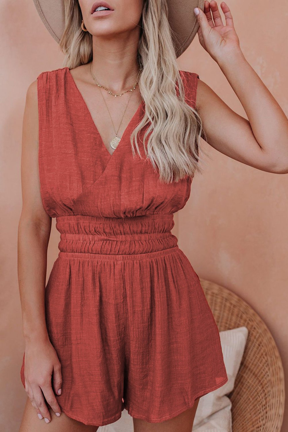 Red Smocked Pocketed Sleeveless V Neck Romper