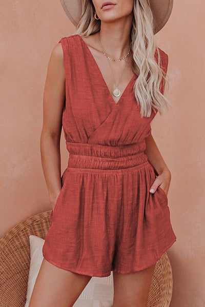 Red Smocked Pocketed Sleeveless V Neck Romper