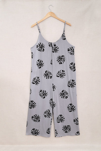 Summer Gray Palm Leaves Print Spaghetti Strap Wide Leg jumpsuit