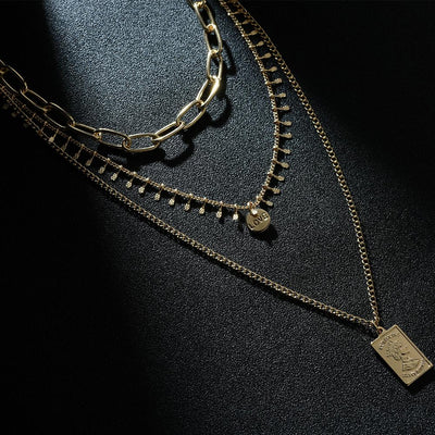 Three Layer Necklace with a Rectangle Pendant