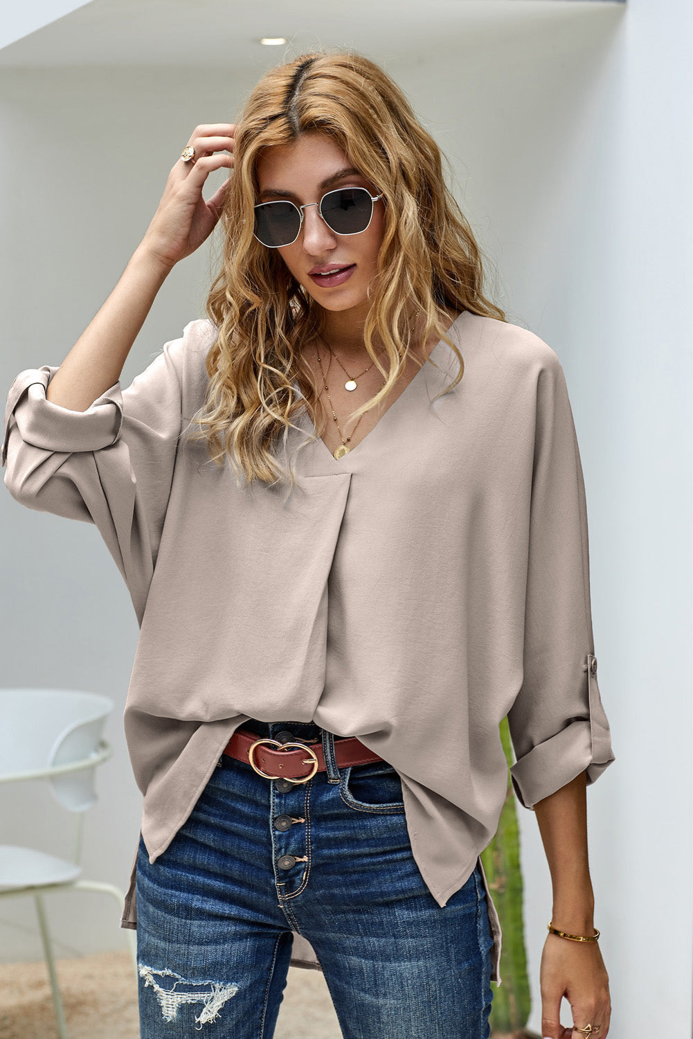 Elegant Apricot V Neck 3/4 Sleeve High Low Hem Shirt