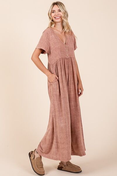 Mittoshop Mineral Wash Jumpsuit - Short Sleeve Flowy Wide Leg Design