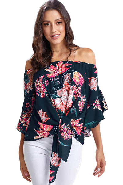 Navy Off Shoulder Floral Tie Front High Low Chiffon Blouse