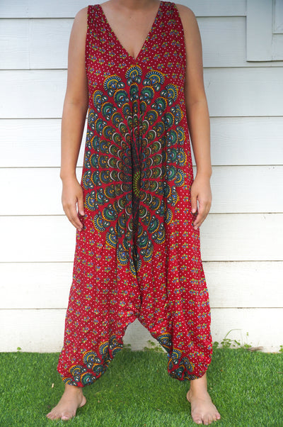 Red Chakra Hippie Jumpsuits, Boho Rompers, Festival Clothing