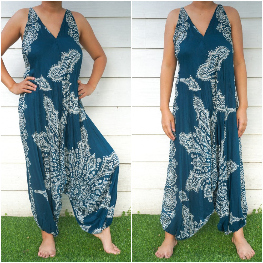 Teal Butterfly Hippie Jumpsuits, Boho Rompers, Festival Clothing