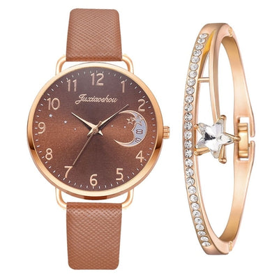 Women Watch Moon Numbers Dial Bracelet Watches Set Ladies Leather Band