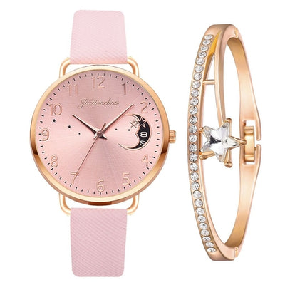 Women Watch Moon Numbers Dial Bracelet Watches Set Ladies Leather Band