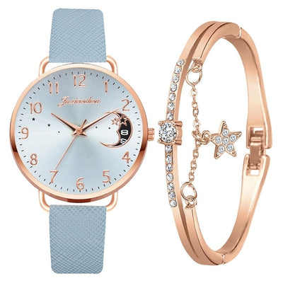 Women Watch Moon Numbers Dial Bracelet Watches Set Ladies Leather Band