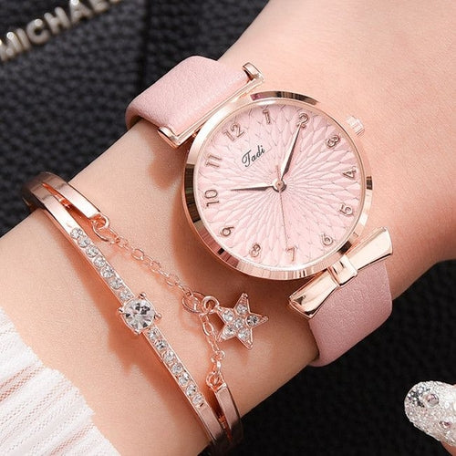 Fashion Women Watches Luxury Leather Flower Rhinestone Watch for Women