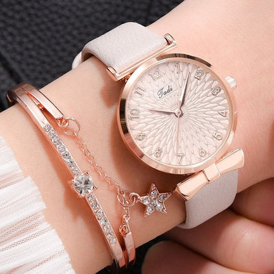 Fashion Women Watches Luxury Leather Flower Rhinestone Watch for Women