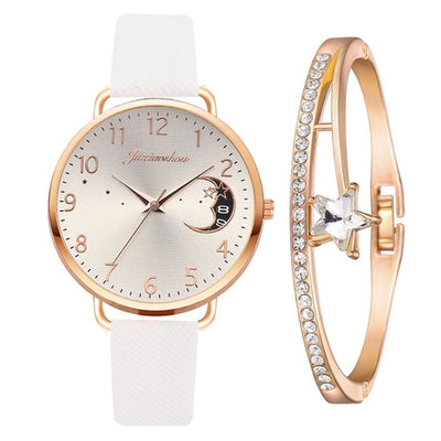 Women Watch Moon Numbers Dial Bracelet Watches Set Ladies Leather Band